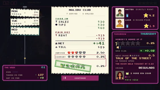End-of-night receipt with sales, tips, rent and ratings
